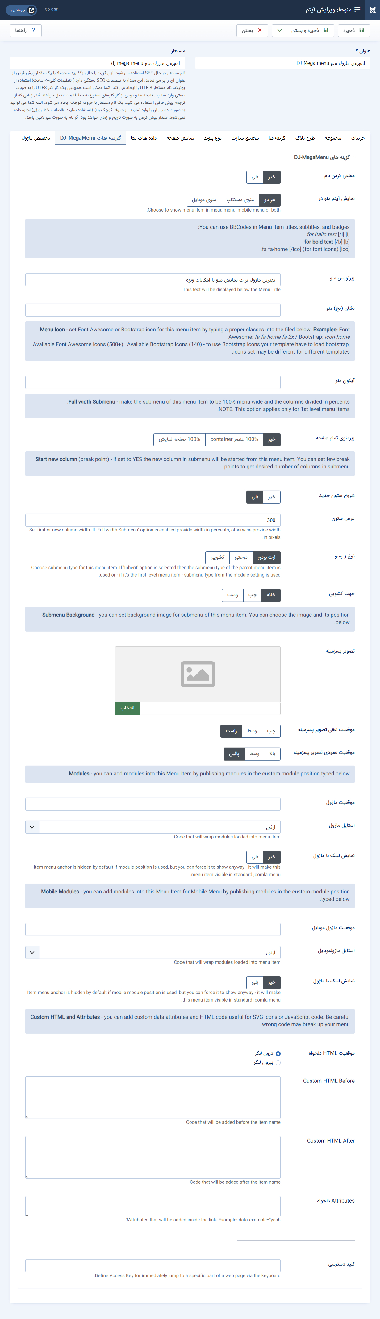 تنظیمات زبانه "گزینه های DJ-MegaMenu" در بخش مدیریت آیتم منو